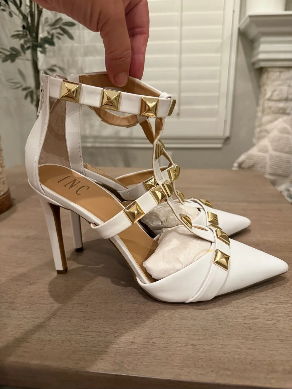 NEW INC White T-Strap Pointed High Heel with Gold Studs 10M